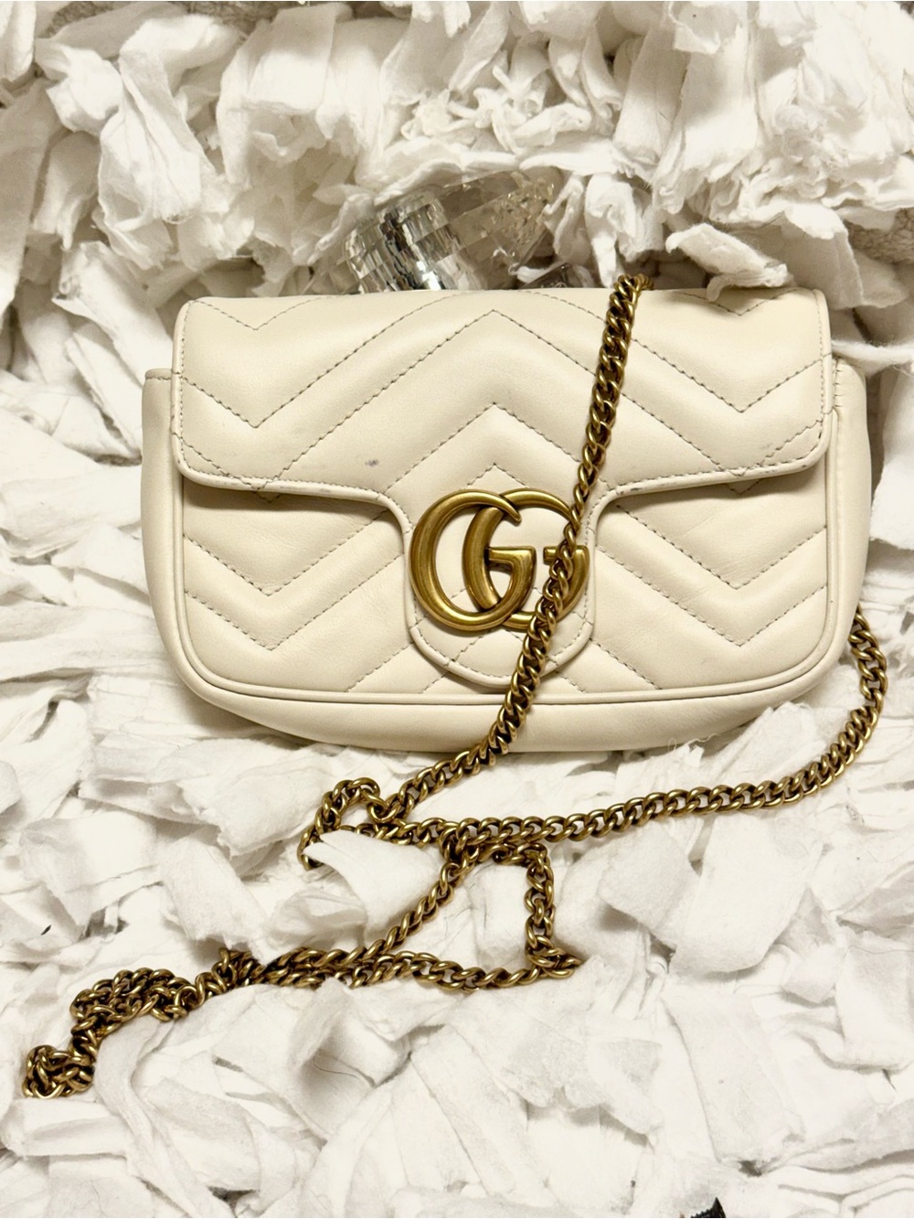 Gucci Classic Design Cream GG Marmont Mini Quilted Crossbody with Gold Chain